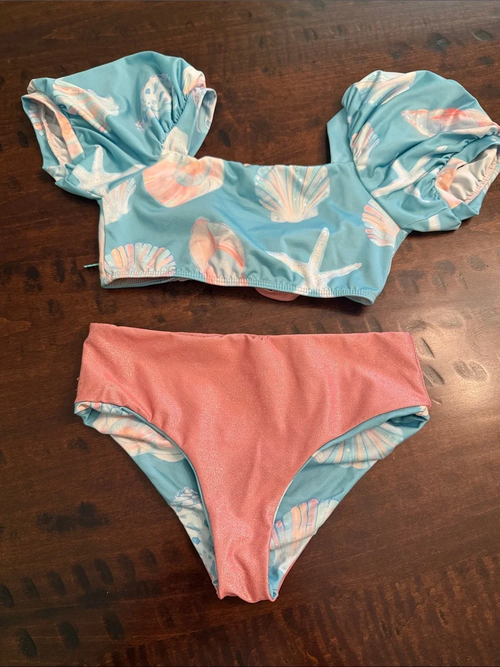 Girls Puff-Sleeve Two-Piece Swim Bikini in Light Blue with Coral Shell Print
